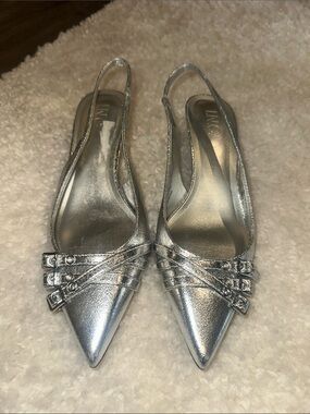 INC International Concepts Metallic Silver Pointed Slingback Flats
